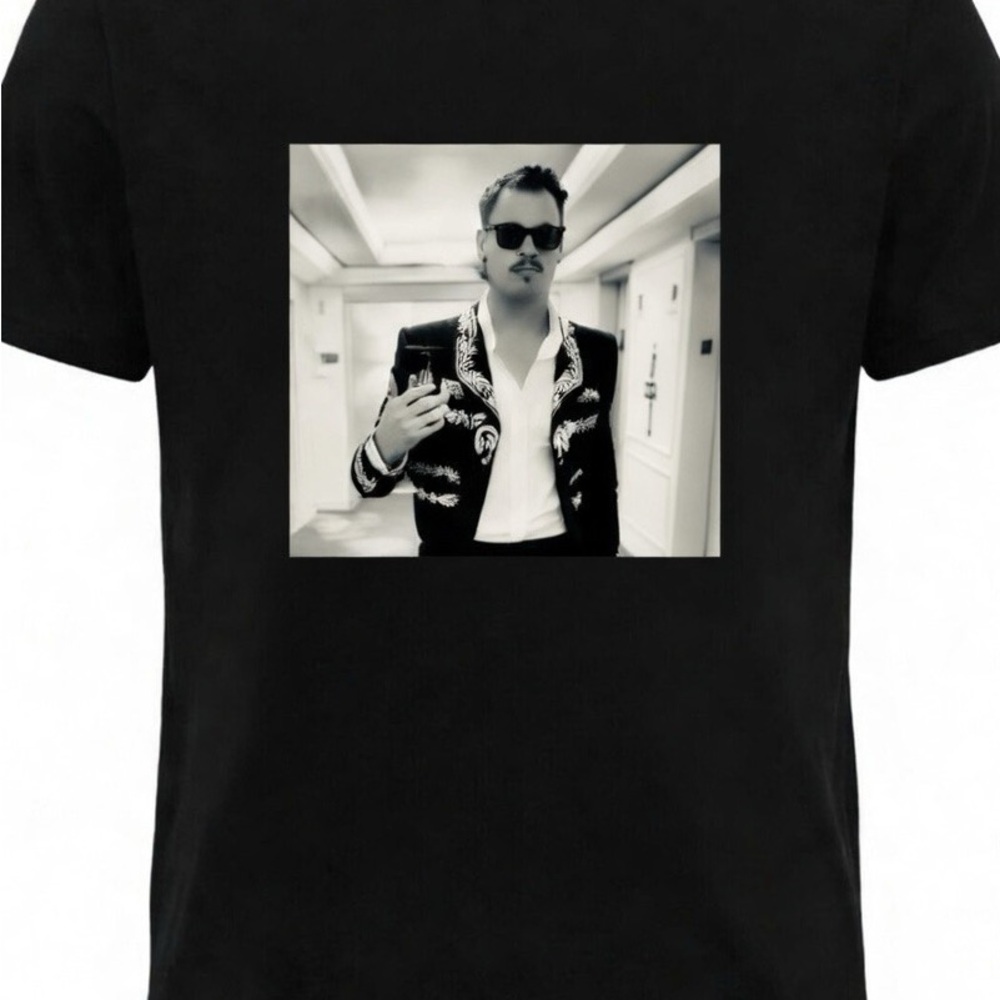 Black Graphic Crewneck T-Shirt with Monochrome Photo Print of Mariachi Joe Kelly